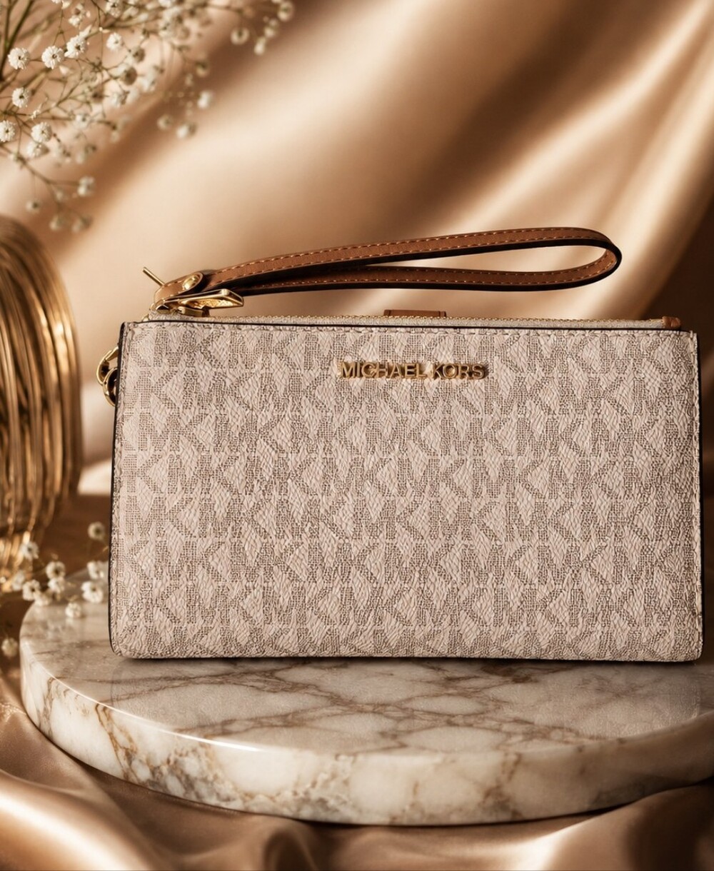 Michael Kors Beige and Brown Signature Canvas Wristlet